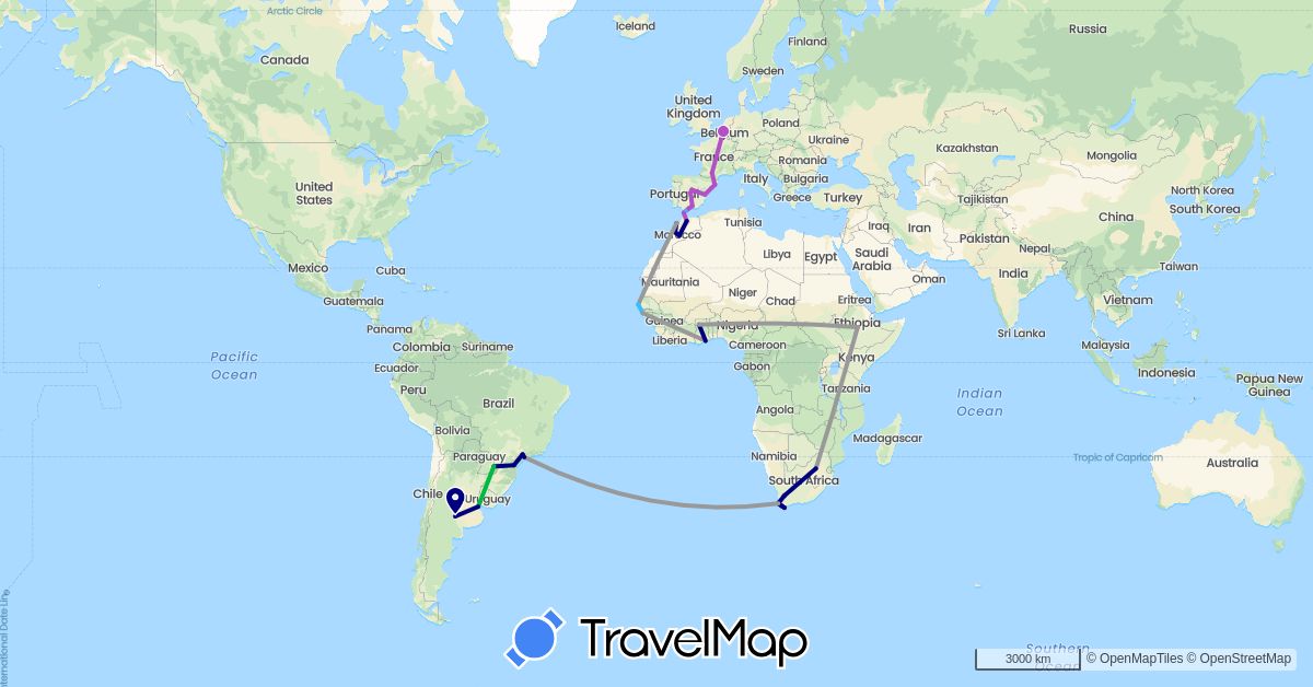 TravelMap itinerary: driving, bus, plane, train, boat in Argentina, Belgium, Brazil, Spain, Ethiopia, Ghana, Gibraltar, Morocco, Senegal, South Africa (Africa, Europe, South America)